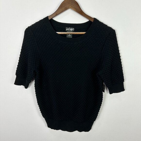 Lord And Taylor Sweater Top Women M Black Textured Knit Short Sleeve Minimalist - Picture 1 of 6